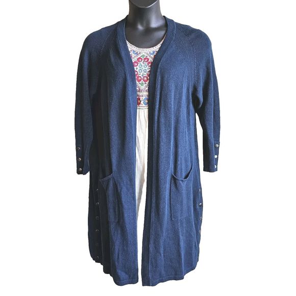 Wrap London Size US 10 longline Cardigan Blue Knit Silk Blend Pockets Snaps - Picture 1 of 5
